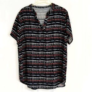 Allimy Womens Split V Neck Blouse Top Colorblock Stripes Black Short Sleeve XL